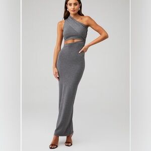 Ronny Kobo Collection One-Shoulder Gray Cutout Maxi Gown
